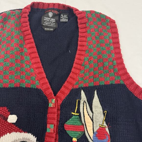 Vtg 1995 Looney Tunes Tweety Bugs Bunny Christmas HandKnit Sweater Vest Size L - Picture 5 of 9